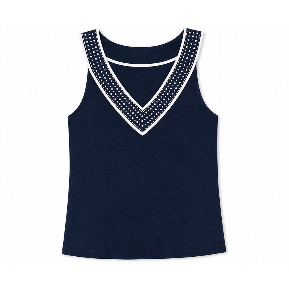 Pierri New York Tank Top Womens Small Navy Beaded V Neck Sleeveless Knit